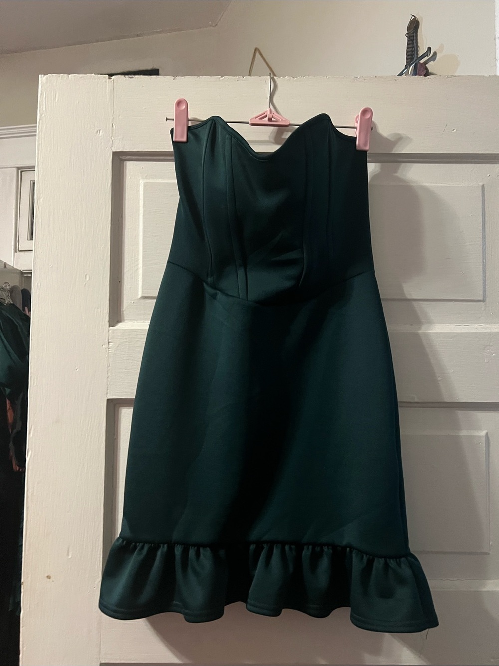 PrettyLittleThing Strapless Ruffle-Hem Dress in Dark Green